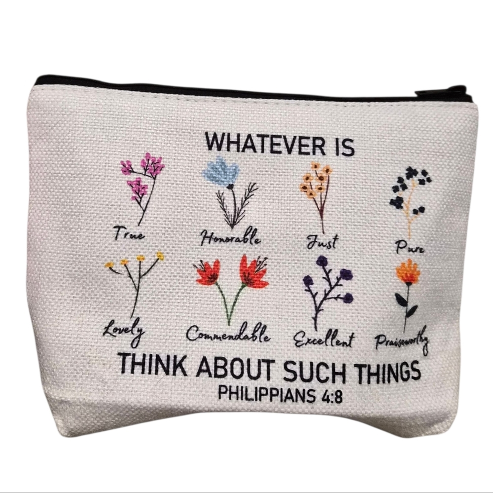 Philippians 4:8 Scripture Canvas Cosmetic Pouch -New In Packaging